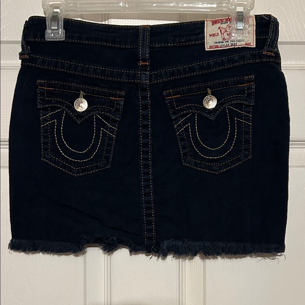 True Religion Indigo Denim Mini Skirt with Contrast Stitching